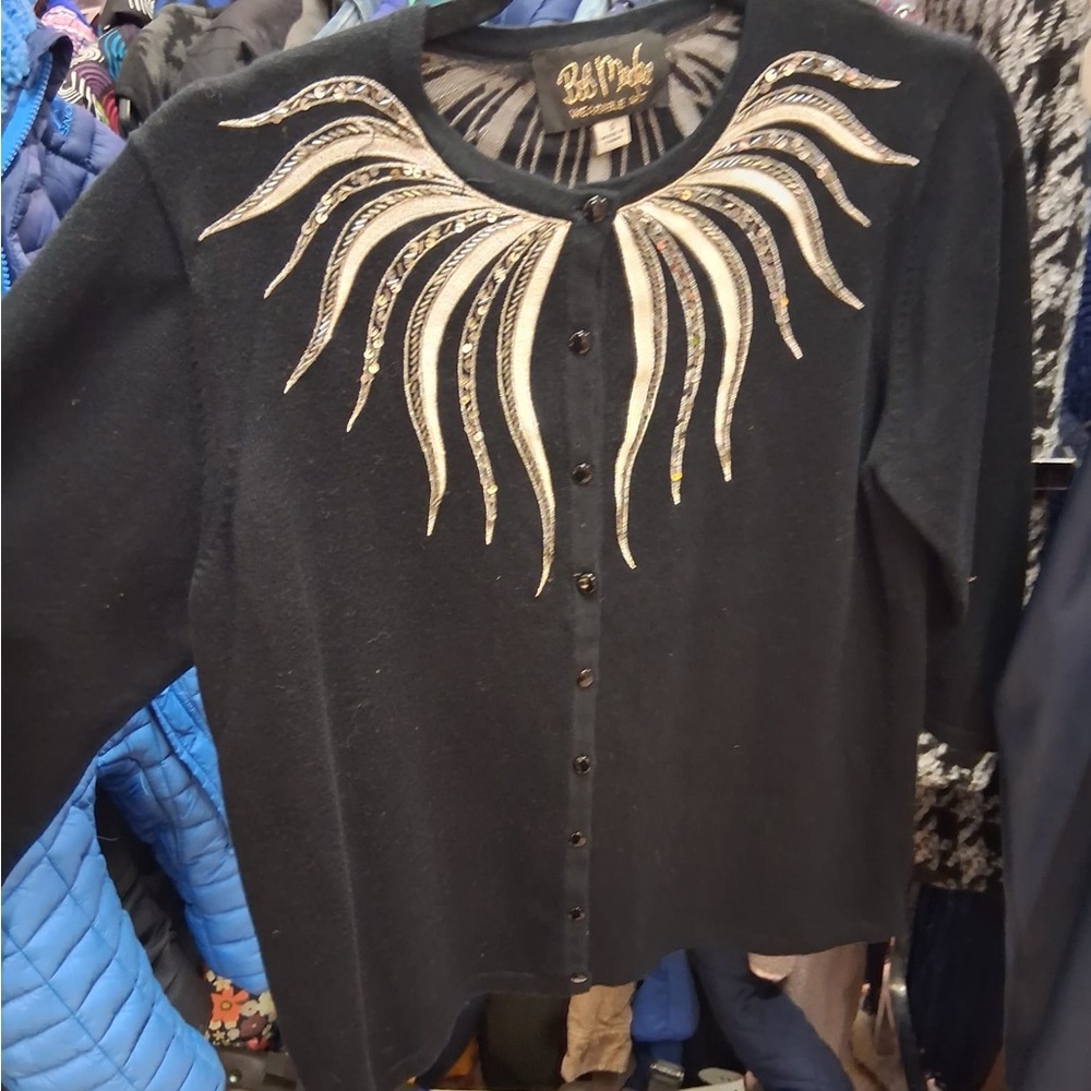 Bob Mackie Black and Silver Metallic Embellished Cardigan